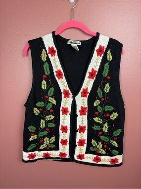 VINTAGE BLACK WORK IN PROGRESS POINSETTIAS UGLY CHRISTMAS VEST Size Large 14-16